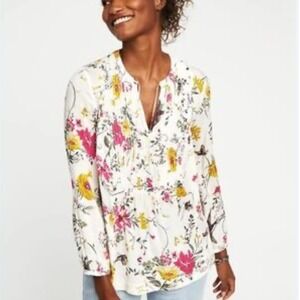 Old Navy Floral Blouse Top Womens Large L Long Sleeve Pleated White Pink‎ Yellow